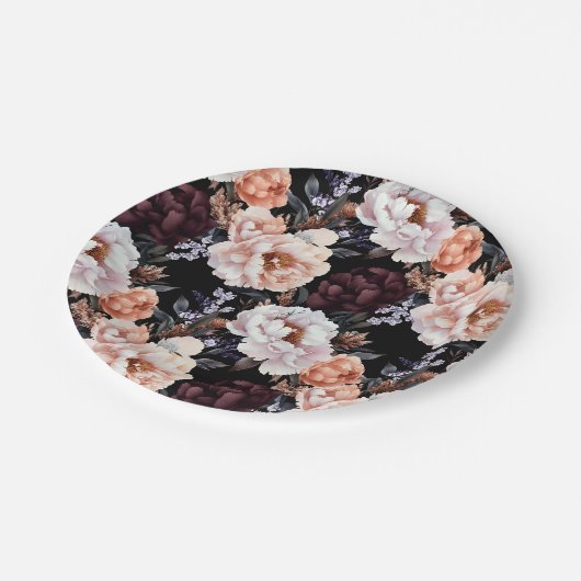 Bourgondische pioenrozen bloemenpatroon papieren bordje (Gekanteld)