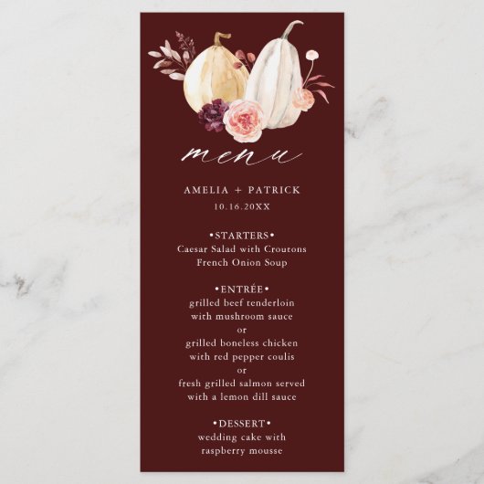 Bourgondische pompoen Herfst herfstbruiloft Menu (Voorkant)