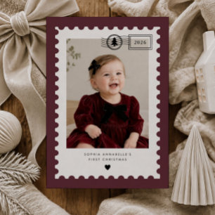 Bourgondische Postzegel Baby's 1e Kerstmis Foto Feestdagenkaart