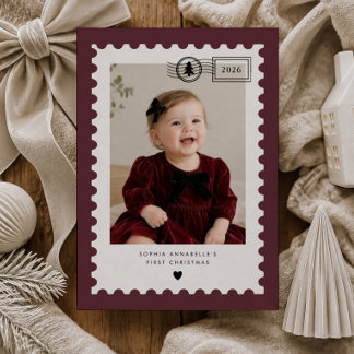 Bourgondische Postzegel Baby's 1e Kerstmis Foto Feestdagenkaart