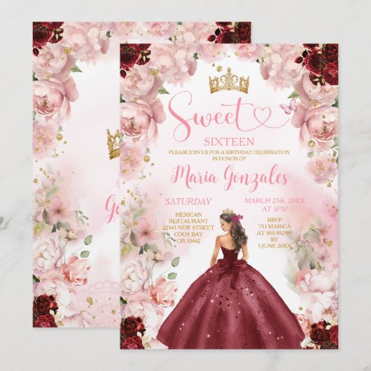 Bourgondische prinses jurk roze bloemen zoet zesti kaart (Voorkant / Achterkant)