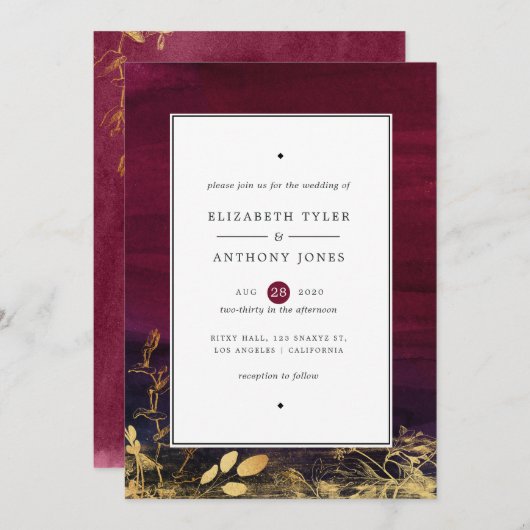 Bourgondische pruim en gouden Waterverf bruiloft Kaart (Voorkant / Achterkant)