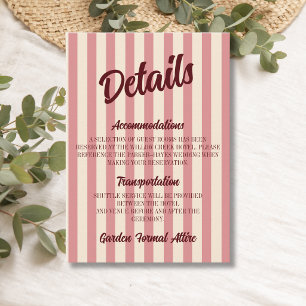 Bourgondische Retro Blush Roze Strepen Trouwdetail Informatiekaartje