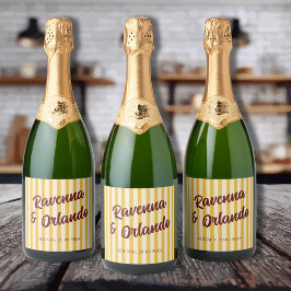 Bourgondische Retro Gedempte Perzik Streep Bruilof Sparkling Wijnetiket