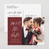 Bourgondische robuuste script koppel foto save the aankondigingskaart (Voorkant / Achterkant)