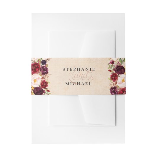 Bourgondische rode bloem rustieke Boho jute bruilo Uitnodigingen Wikkel (Voorkant Voorbeeld)