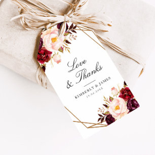 Bourgondische rode bloemen geometrische bruiloft cadeaulabel