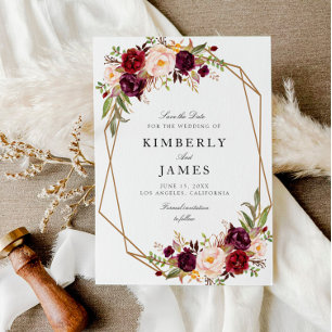 Bourgondische rode bloemen geometrische save the d date