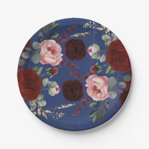 Bourgondische rode bloemen marine blauw moderne he papieren bordje