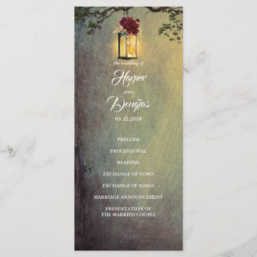 Bourgondische rode bloemenlantaarn licht Trouwprog Programmakaart (Voorkant)