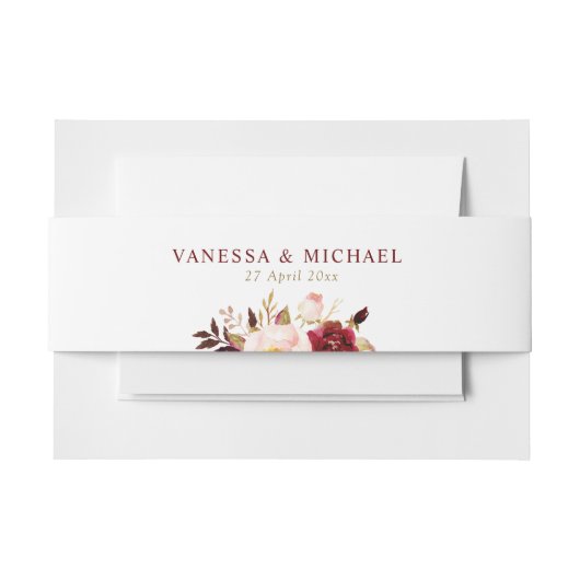 Bourgondische rode blush bloemenbuik band uitnodigingen wikkel (Voorkant Voorbeeld)