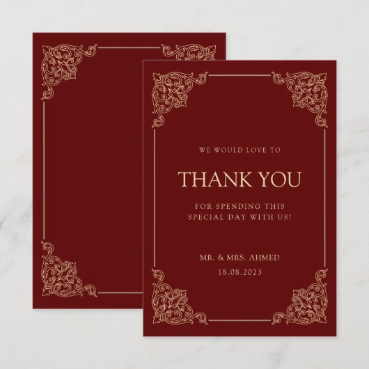 Bourgondische rode elegante moslim bruiloft dank u bedankkaart (Voorkant / Achterkant)