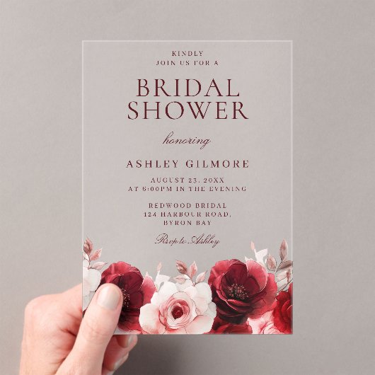 Bourgondische rode elegantie: Red Rose Vrijgezelle Acryl Uitnodigingen (Insitu (Draagbaar))