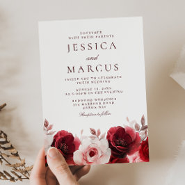 Bourgondische rode elegantie: Red Rose Wedding Kaart