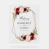 Bourgondische rode en blozende bloemen bruiloft acryl bord (Voorkant)