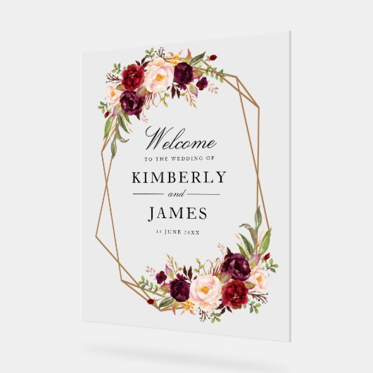 Bourgondische rode en blozende bloemen bruiloft acryl bord (Hoek)