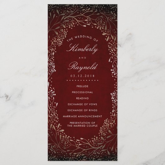 Bourgondische rode en gouden vintage bruiloft prog programmakaart (Voorkant)