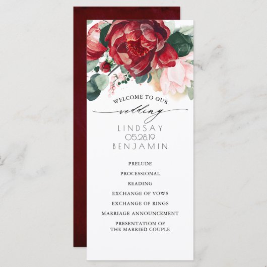 Bourgondische rode en roze bloemenbruiloft program programmakaart (Voorkant / Achterkant)