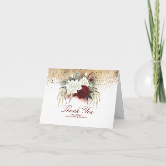 Bourgondische rode en witte bloemen bruiloft dank  bedankkaart (Voorkant)