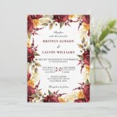 Bourgondische rode gele rozen bloemenelegante brui kaart (Staand voorkant)