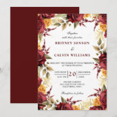 Bourgondische rode gele rozen bloemenelegante brui kaart (Voorkant / Achterkant)