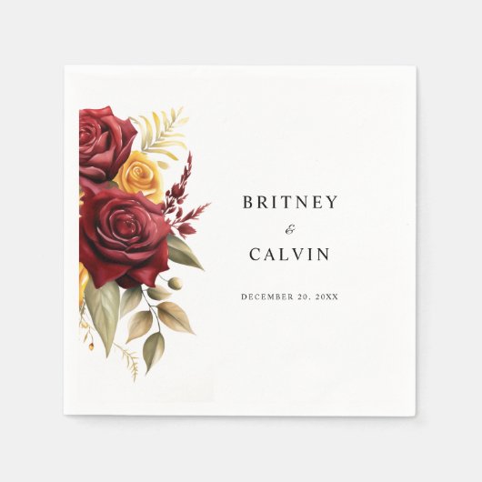 Bourgondische rode gele rozen bloemenelegante brui servet (Voorkant)