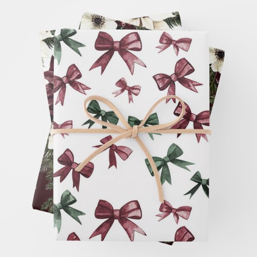 Bourgondische rode groene kerstbogen inpakpapier vel (In situ)