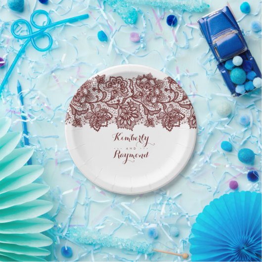 Bourgondische rode kant Elegante bruiloft Papieren Bordje (Feest)