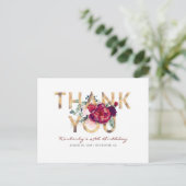 Bourgondische rode pioen gouden verjaardag dank u briefkaart (Staand voorkant)