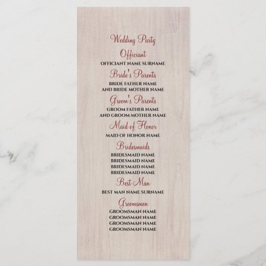 Bourgondische rode roos en zonnebloem bruiloft pro programmakaart (Achterkant)