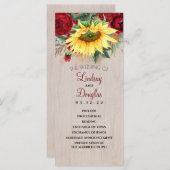 Bourgondische rode roos en zonnebloem bruiloft pro programmakaart (Voorkant / Achterkant)
