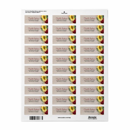 Bourgondische rode roos en zonnebloem rustieke Her Etiket (Full Sheet)