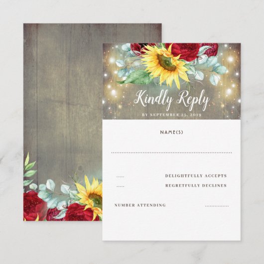 Bourgondische rode roos en zonnebloemen herfst bru RSVP kaartje (Voorkant / Achterkant)
