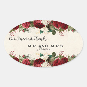 Bourgondische rode rozen en bladeren  dank u ovale sticker
