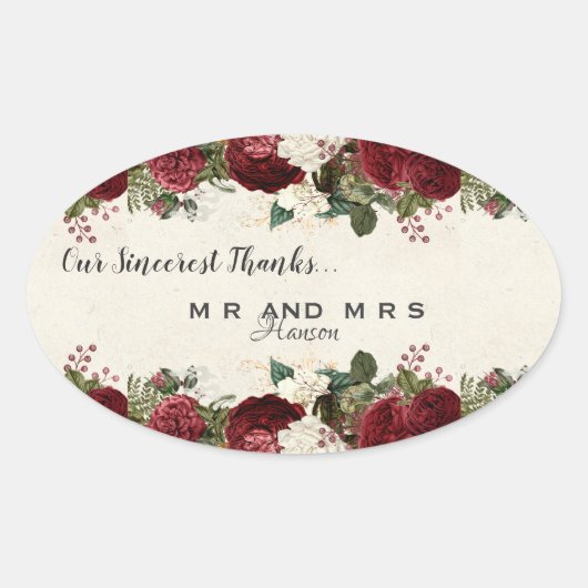 Bourgondische rode rozen en bladeren  dank u ovale sticker (Voorkant)