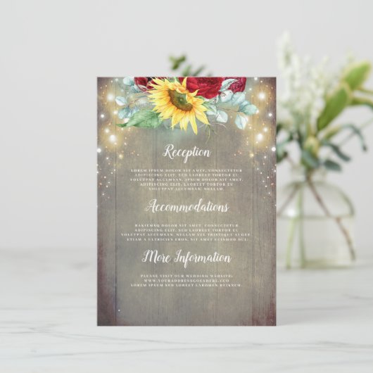 Bourgondische rode rozen en zonnebloem bruiloft de informatiekaartje (Staand voorkant)