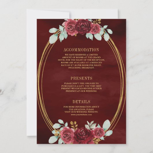 Bourgondische rode rozen monogram alles in één bru kaart (Achterkant)