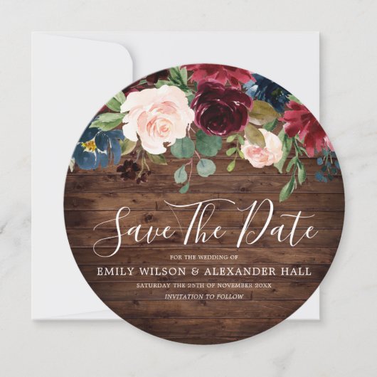 Bourgondische rode wijn rustieke houten bruiloft save the date (Voorkant)