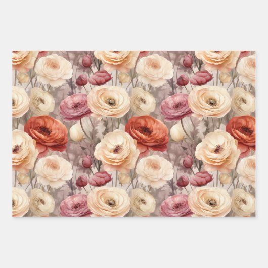 Bourgondische rode witte bloemen vlinders inpakpapier vel (Voorkant 3)