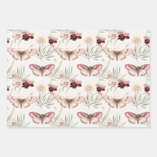 Bourgondische rode witte bloemen vlinders inpakpapier vel (Voorkant 2)