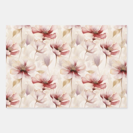 Bourgondische rode witte bloemen vlinders inpakpapier vel (Voorkant)