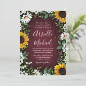 Bourgondische rode zonnebloem groen krans bruiloft kaart (Staand voorkant)
