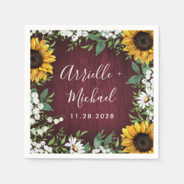 Bourgondische rode zonnebloem groen krans bruiloft servet