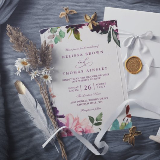 Bourgondische romantische bloemen elegante QR-code Kaart