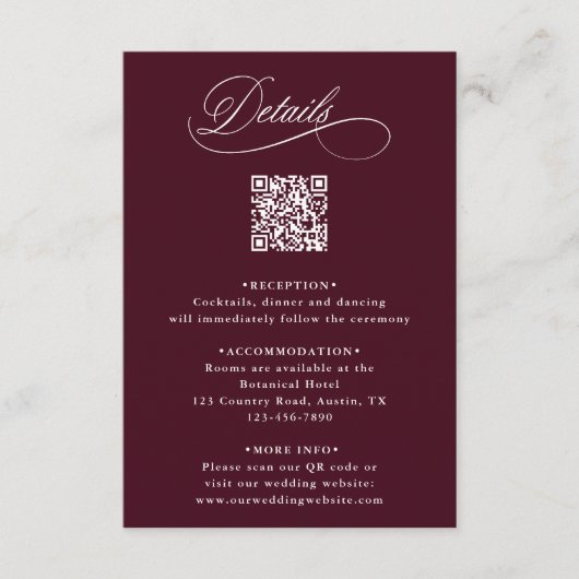 Bourgondische romantische kalligrafie bruiloft det informatiekaartje (Voorkant)