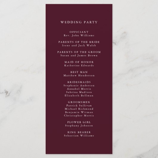 Bourgondische romantische kalligrafie huwelijkscer programmakaart (Achterkant)