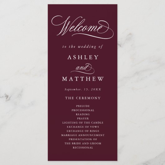 Bourgondische romantische kalligrafie huwelijkscer programmakaart (Voorkant)