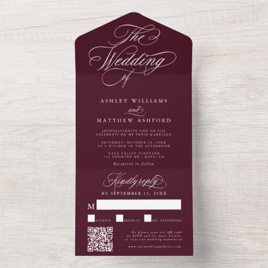 Bourgondische romantische swirly kalligrafie bruil all in one uitnodiging (Binnen)