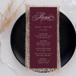 Bourgondische romantische swirly kalligrafie bruil menu<br><div class="desc">Dit bordeauxrode en witte huwelijksmenu met elegante en romantische wervelende kalligrafiebelettering met uw namen. Voor meer geavanceerde aanpassing van dit ontwerp,  klikt u op de BLUE DESIGN TOOL BUTTON hierboven!</div>
