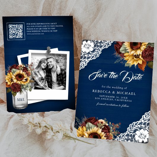 Bourgondische Roos Zonnebloem Marineblauw QR Code Save The Date